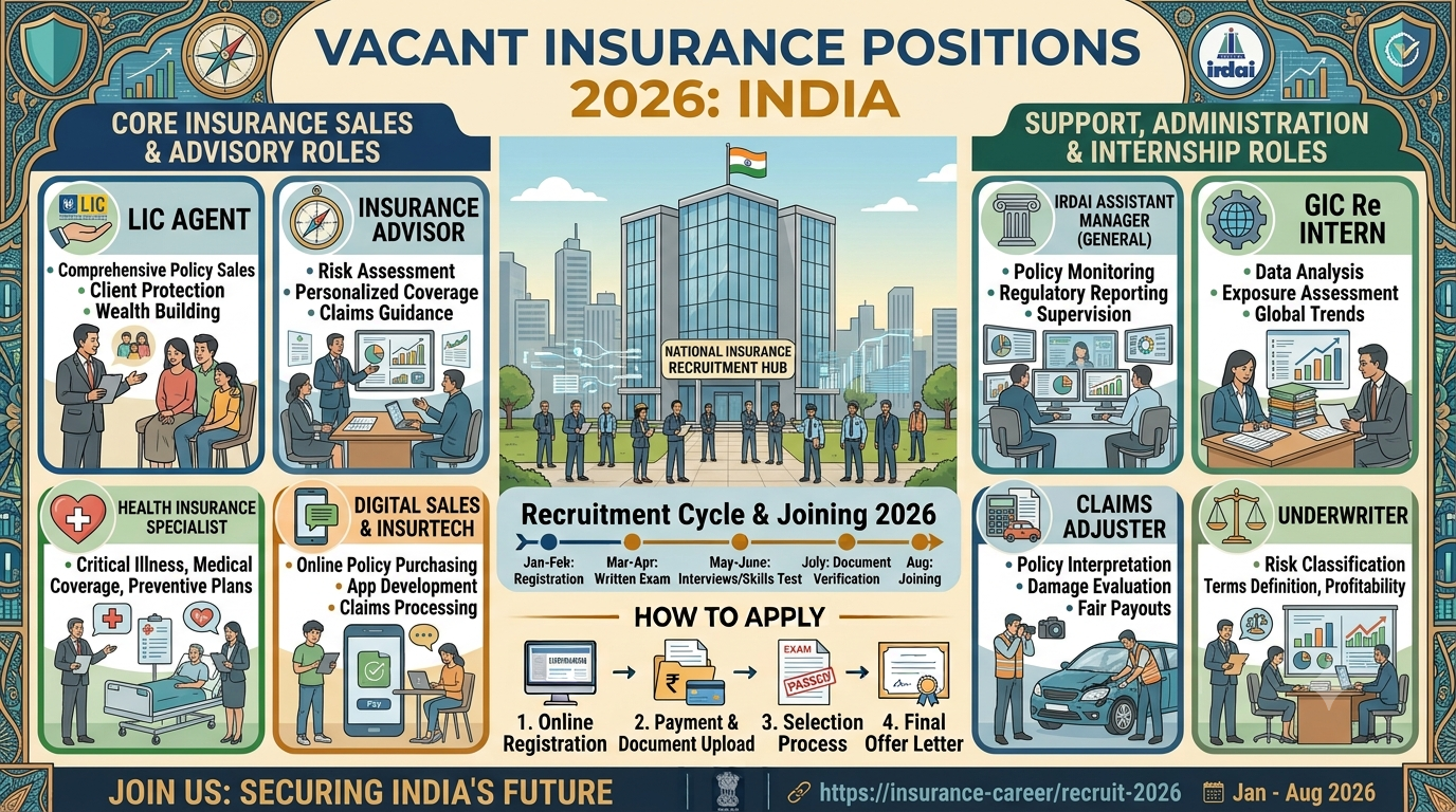 Vacant Insurance Positions 2026: LIC Agent, IRDAI Assistant Manager, GIC Re Intern & Insurance Advisor Jobs