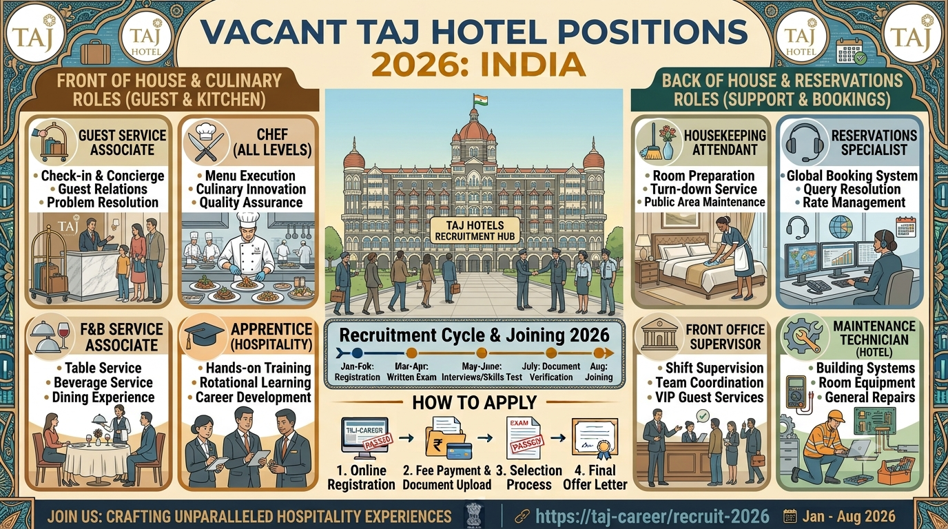 Vacant Taj Hotel Positions 2026: Apprentice, Guest Service Associate, Chef, Housekeeping & Reservation Jobs